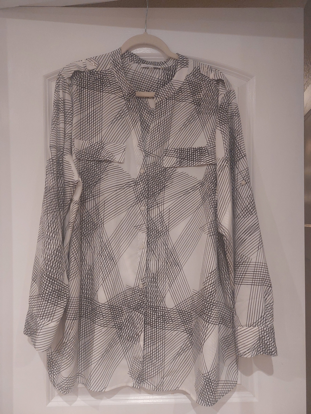 Calvin Klein White Shirt with Black Geometric Line Print Short Or Long Sleave